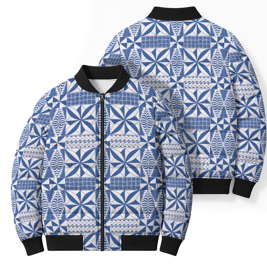 Blue Ngatu Pattern Malo e Lelei Tonga Bomber Puffer Jacket