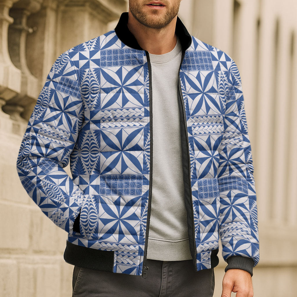 Blue Ngatu Pattern Malo e Lelei Tonga Bomber Puffer Jacket