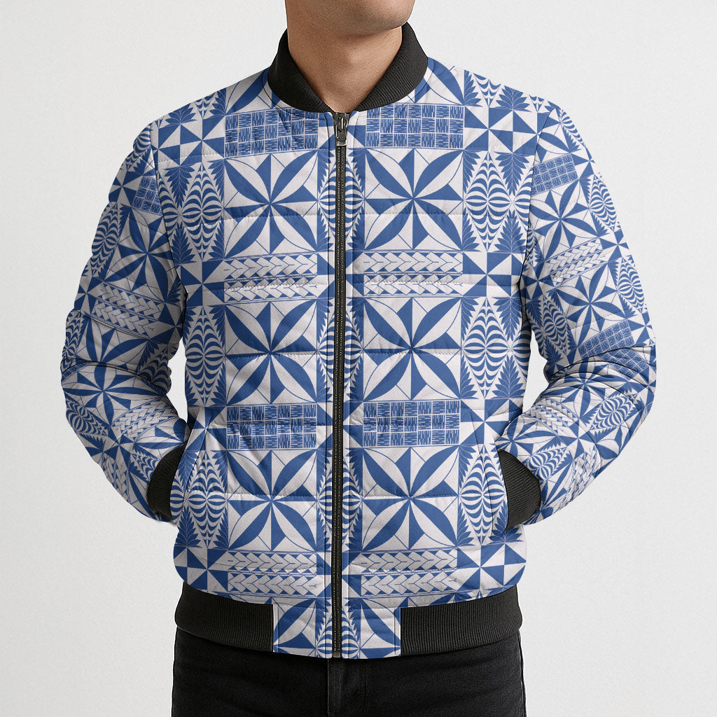 Blue Ngatu Pattern Malo e Lelei Tonga Bomber Puffer Jacket
