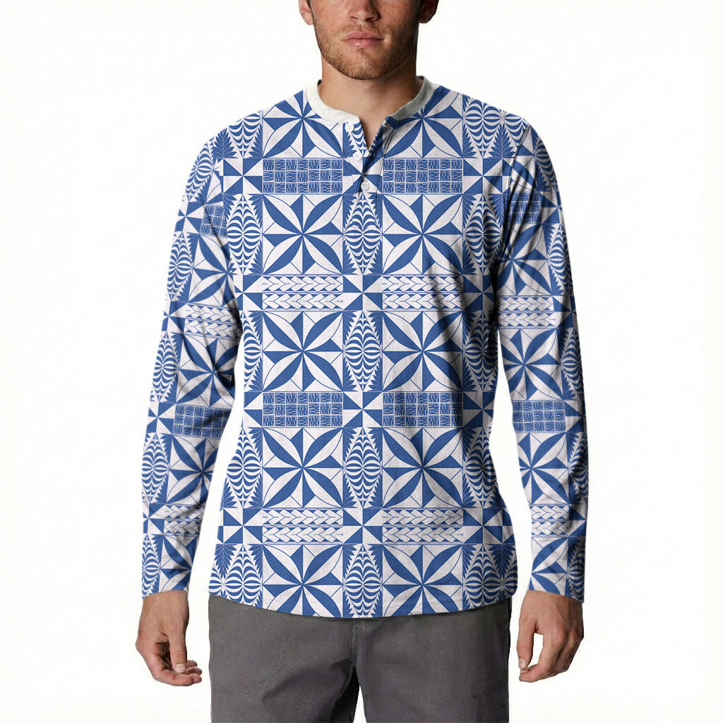Blue Ngatu Pattern Malo e Lelei Tonga Button Sweatshirt