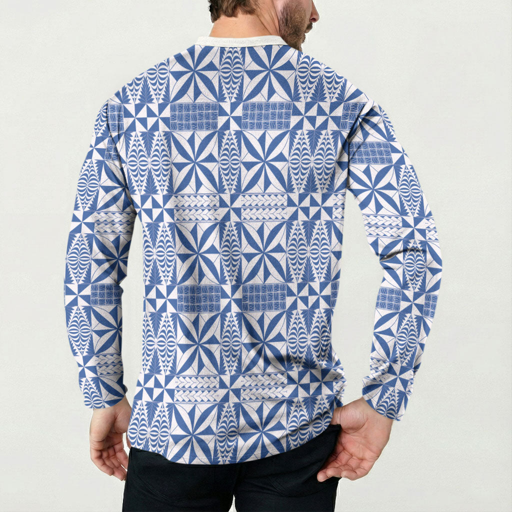 Blue Ngatu Pattern Malo e Lelei Tonga Button Sweatshirt