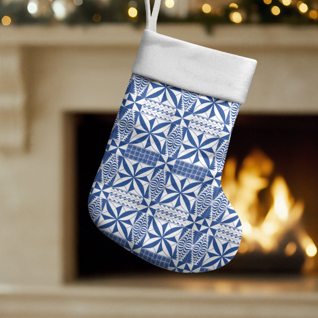 Blue Ngatu Pattern Malo e Lelei Tonga Christmas Stocking