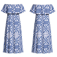 Blue Ngatu Pattern Malo e Lelei Tonga Couples Matching Off Shoulder Maxi Dress and Long Sleeve Button Shirt