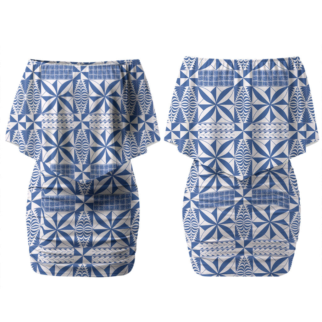 Blue Ngatu Pattern Malo e Lelei Tonga Couples Matching Off Shoulder Short Dress and Long Sleeve Button Shirt