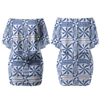 Blue Ngatu Pattern Malo e Lelei Tonga Couples Matching Off Shoulder Short Dress and Long Sleeve Button Shirt