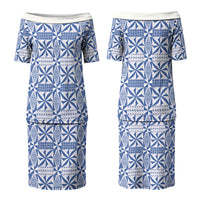 Blue Ngatu Pattern Malo e Lelei Tonga Couples Matching Puletasi and Long Sleeve Button Shirt