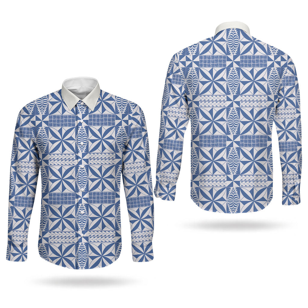 Blue Ngatu Pattern Malo e Lelei Tonga Couples Matching Summer Maxi Dress and Long Sleeve Button Shirt