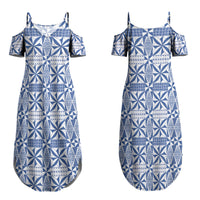 Blue Ngatu Pattern Malo e Lelei Tonga Couples Matching Summer Maxi Dress and Long Sleeve Button Shirt