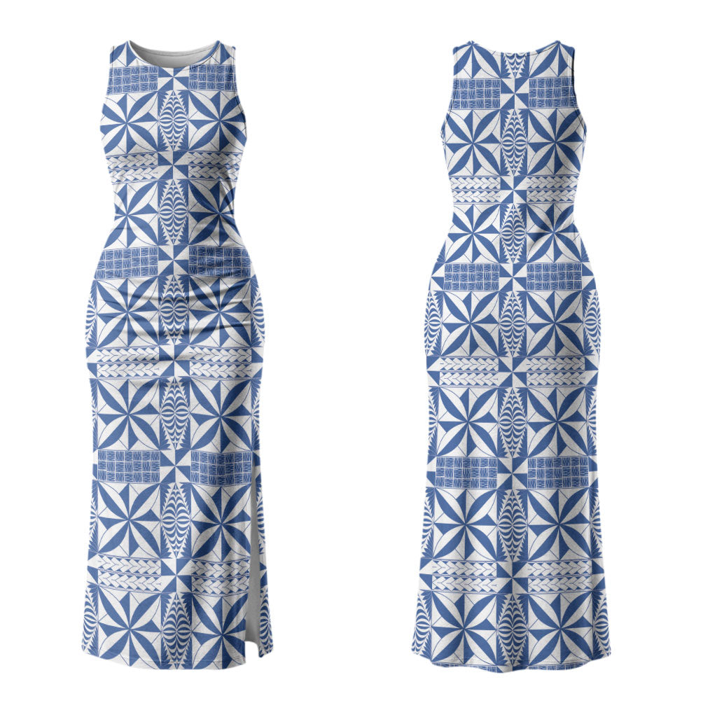 Blue Ngatu Pattern Malo e Lelei Tonga Couples Matching Tank Maxi Dress and Long Sleeve Button Shirt