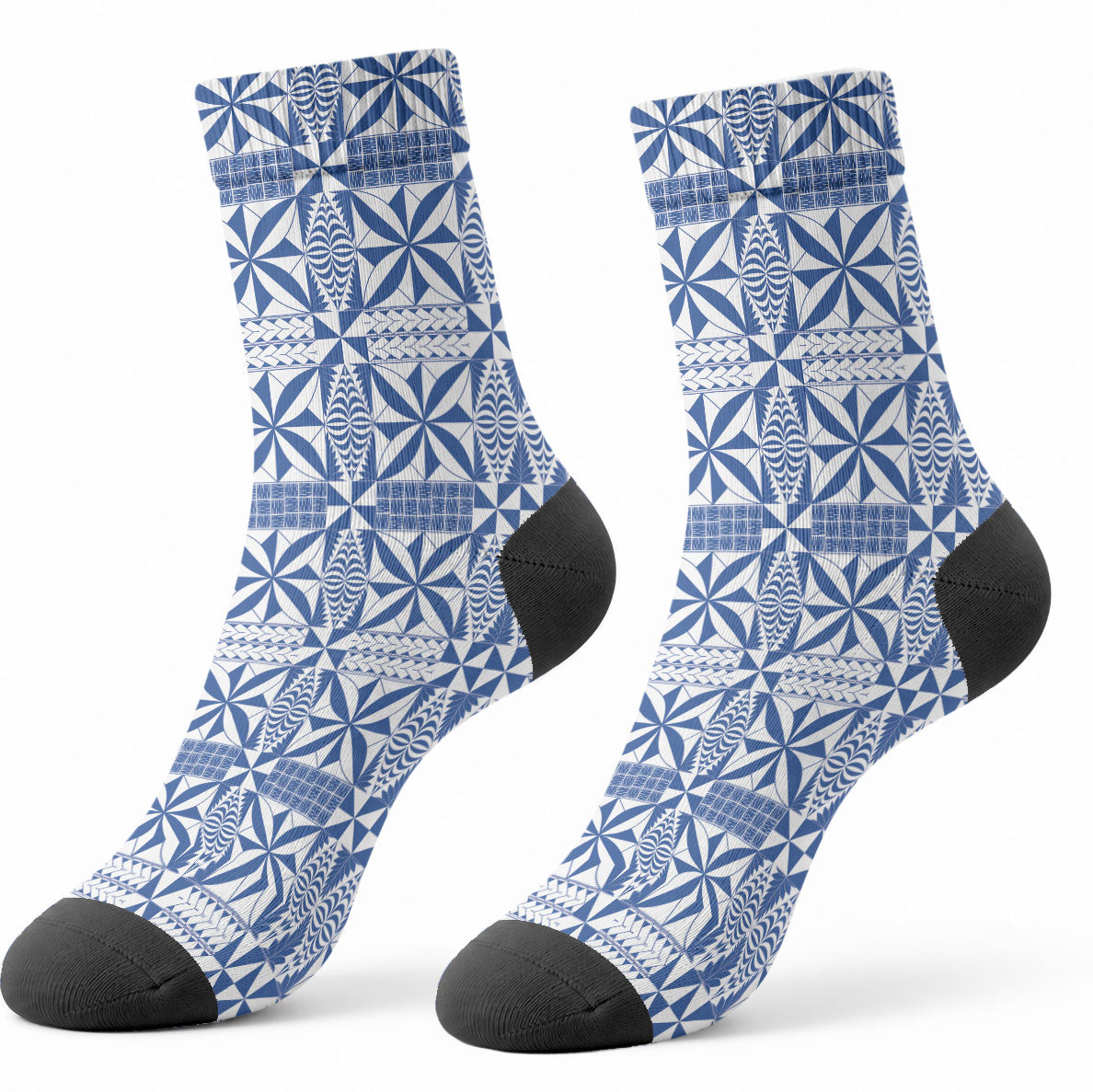 Blue Ngatu Pattern Malo e Lelei Tonga Crew Socks