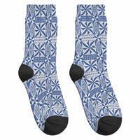 Blue Ngatu Pattern Malo e Lelei Tonga Crew Socks