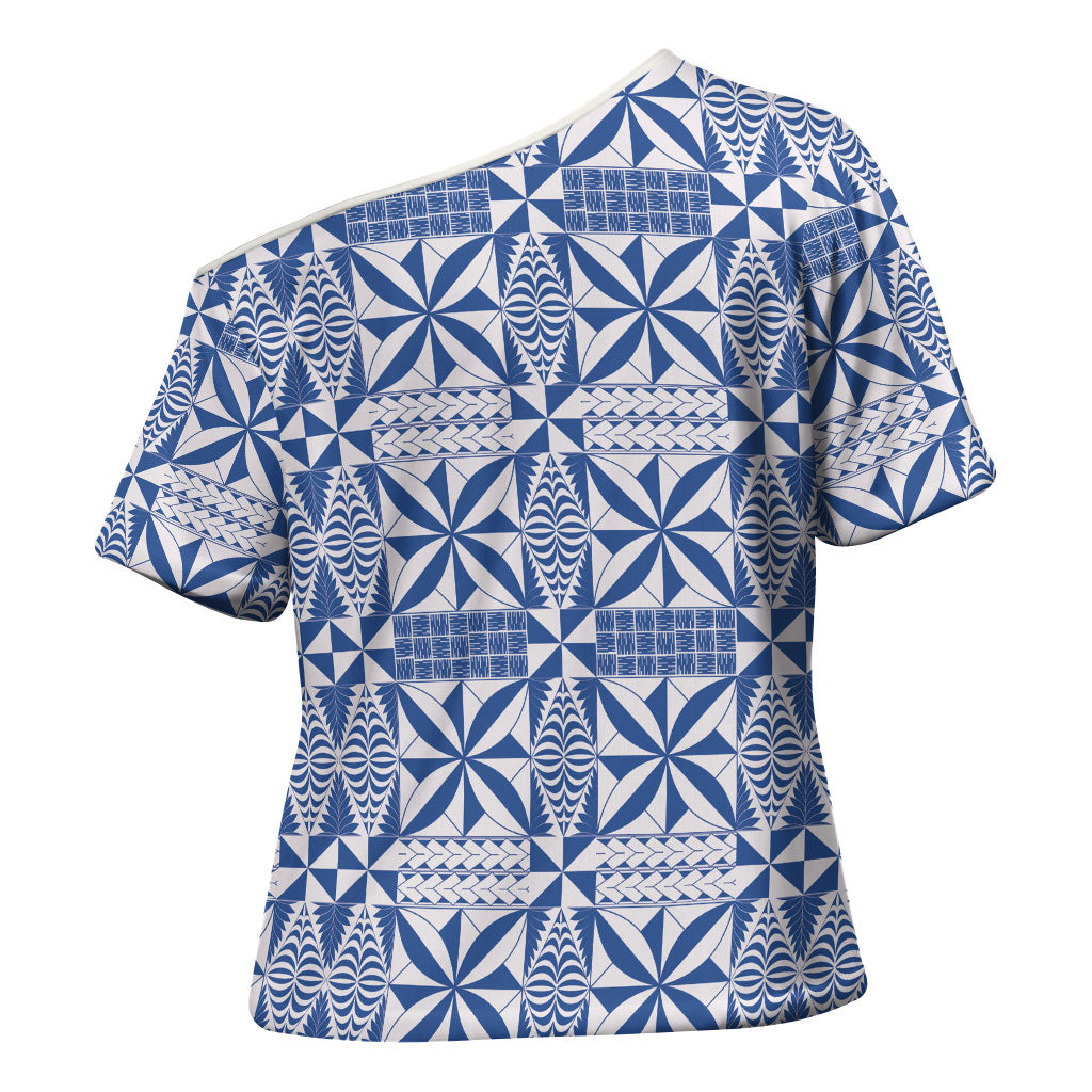 Blue Ngatu Pattern Malo e Lelei Tonga Cross Shoulder Shirt