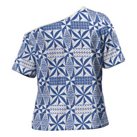 Blue Ngatu Pattern Malo e Lelei Tonga Cross Shoulder Shirt