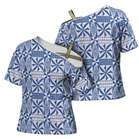 Blue Ngatu Pattern Malo e Lelei Tonga Cross Shoulder Shirt