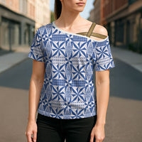 Blue Ngatu Pattern Malo e Lelei Tonga Cross Shoulder Shirt