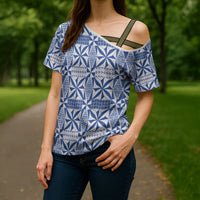 Blue Ngatu Pattern Malo e Lelei Tonga Cross Shoulder Shirt