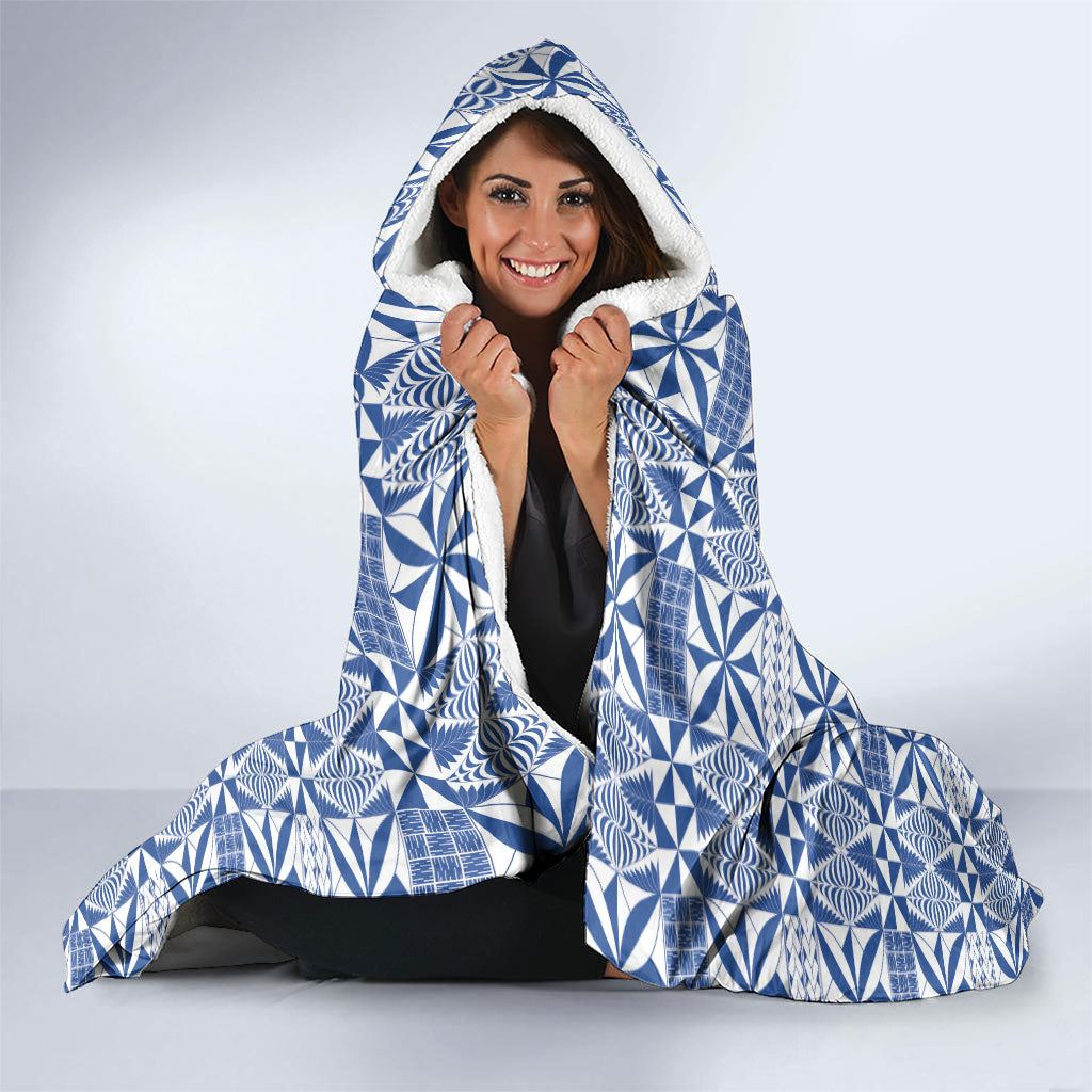Blue Ngatu Pattern Malo e Lelei Tonga Hooded Blanket