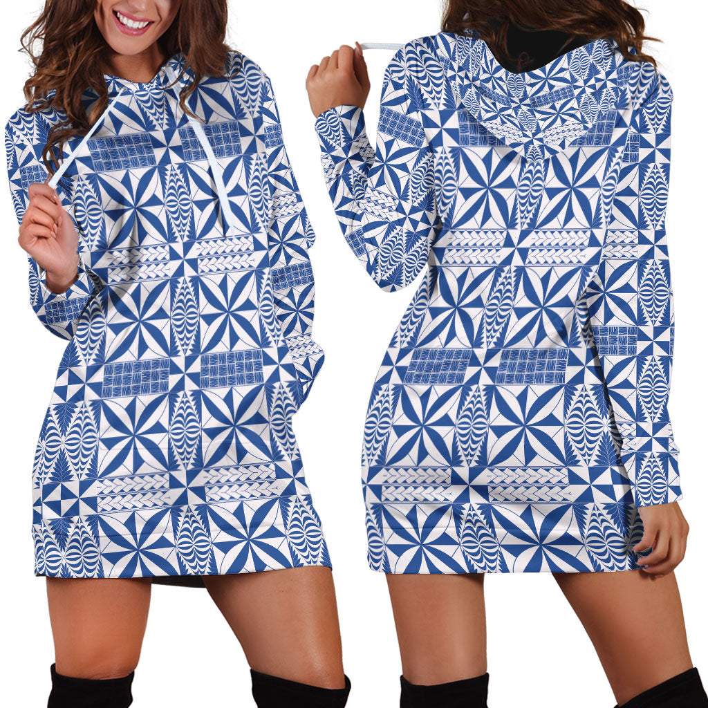 Blue Ngatu Pattern Malo e Lelei Tonga Hoodie Dress
