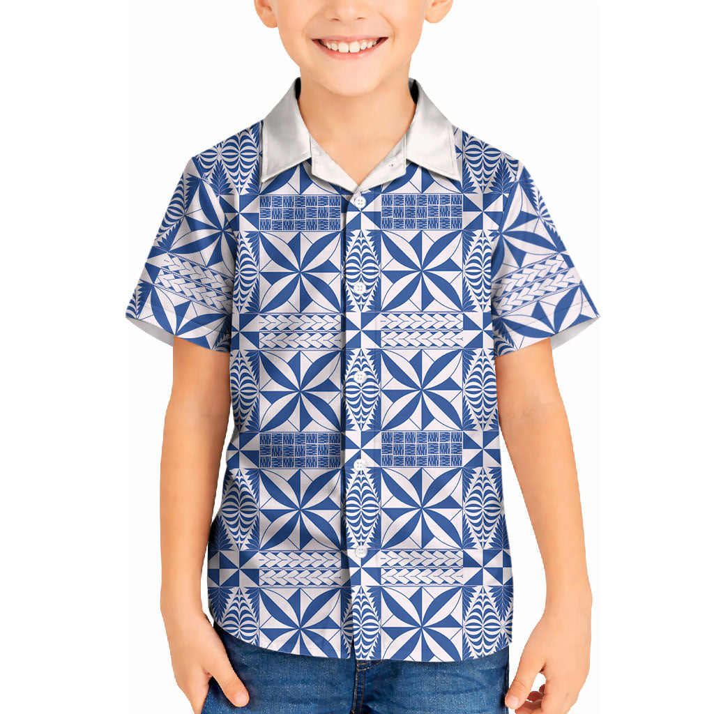 Blue Ngatu Pattern Malo e Lelei Tonga Kid Hawaiian Shirt