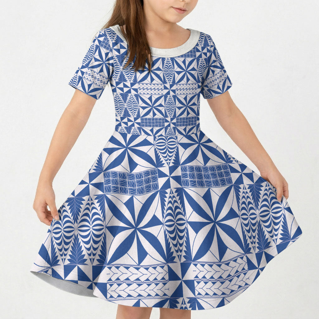 Blue Ngatu Pattern Malo e Lelei Tonga Kid Short Sleeve Dress