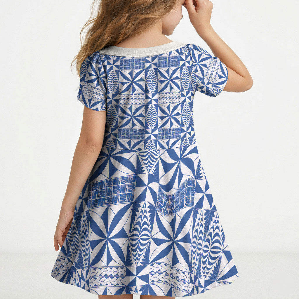 Blue Ngatu Pattern Malo e Lelei Tonga Kid Short Sleeve Dress