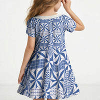 Blue Ngatu Pattern Malo e Lelei Tonga Kid Short Sleeve Dress
