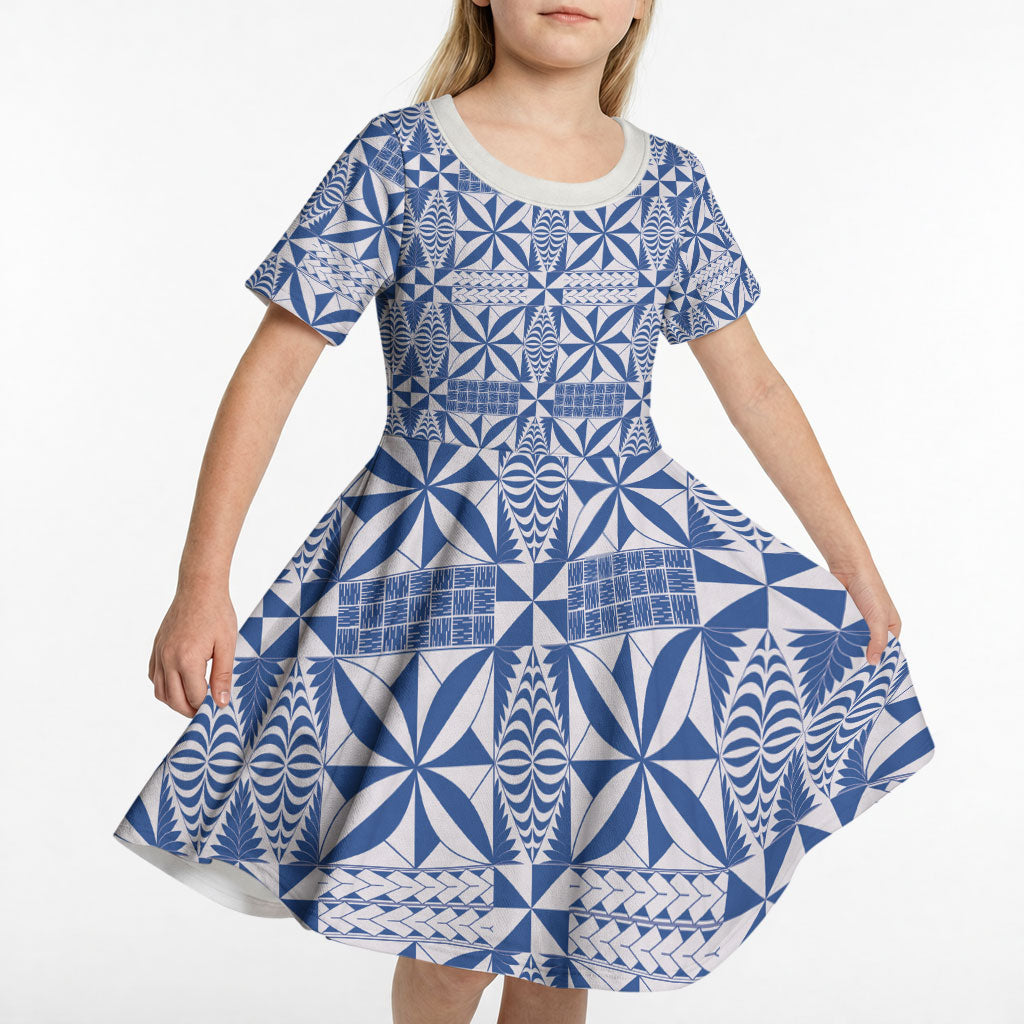 Blue Ngatu Pattern Malo e Lelei Tonga Kid Short Sleeve Dress