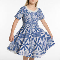 Blue Ngatu Pattern Malo e Lelei Tonga Kid Short Sleeve Dress