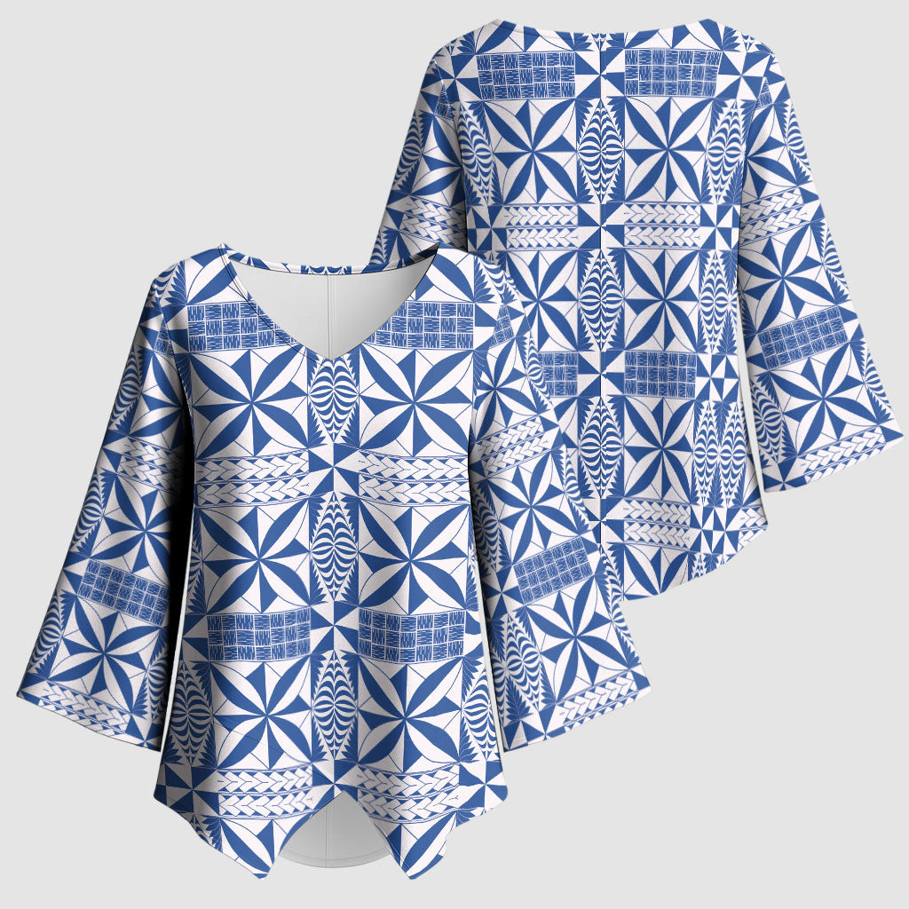Blue Ngatu Pattern Malo e Lelei Tonga Kimono Sleeve Blouse