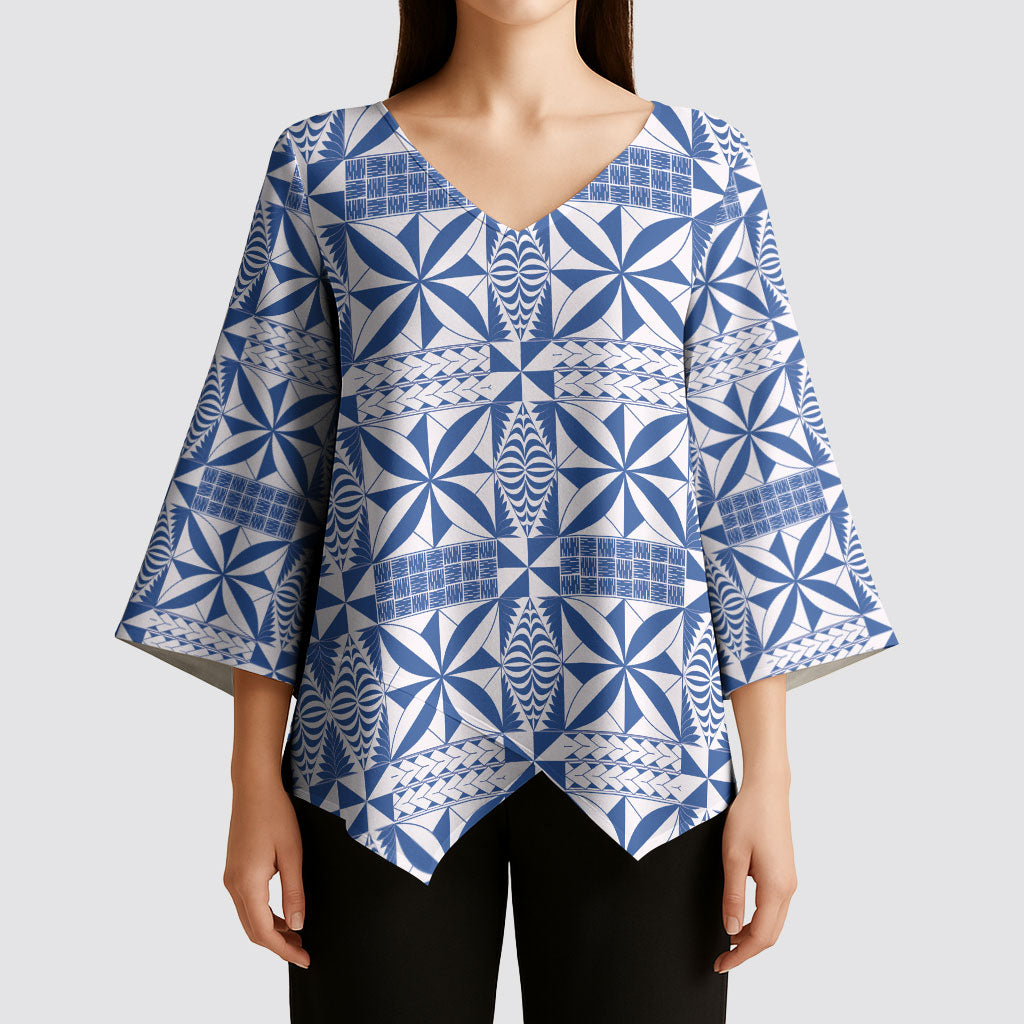 Blue Ngatu Pattern Malo e Lelei Tonga Kimono Sleeve Blouse
