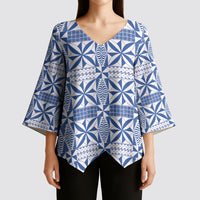 Blue Ngatu Pattern Malo e Lelei Tonga Kimono Sleeve Blouse