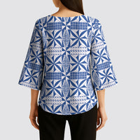 Blue Ngatu Pattern Malo e Lelei Tonga Kimono Sleeve Blouse