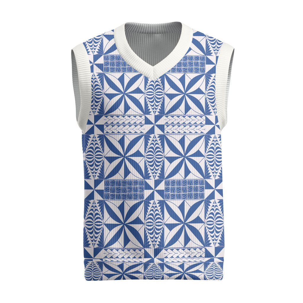 Blue Ngatu Pattern Malo e Lelei Tonga Christmas Knitted V-Neck Vest