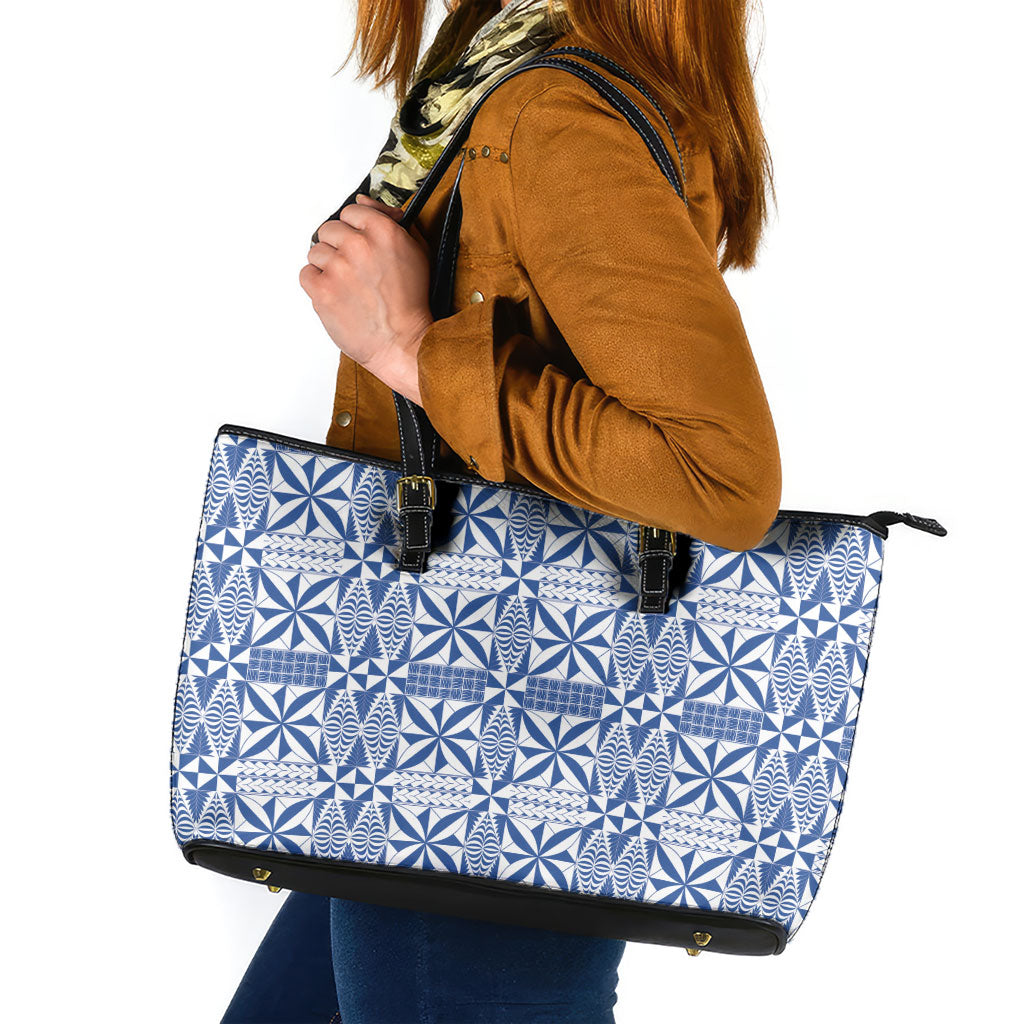 Blue Ngatu Pattern Malo e Lelei Tonga Leather Tote Bag
