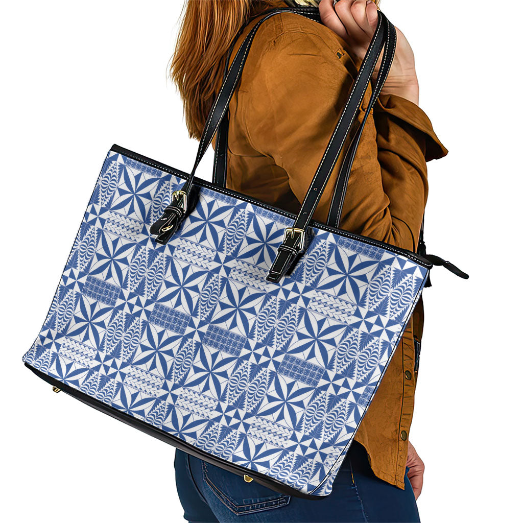 Blue Ngatu Pattern Malo e Lelei Tonga Leather Tote Bag