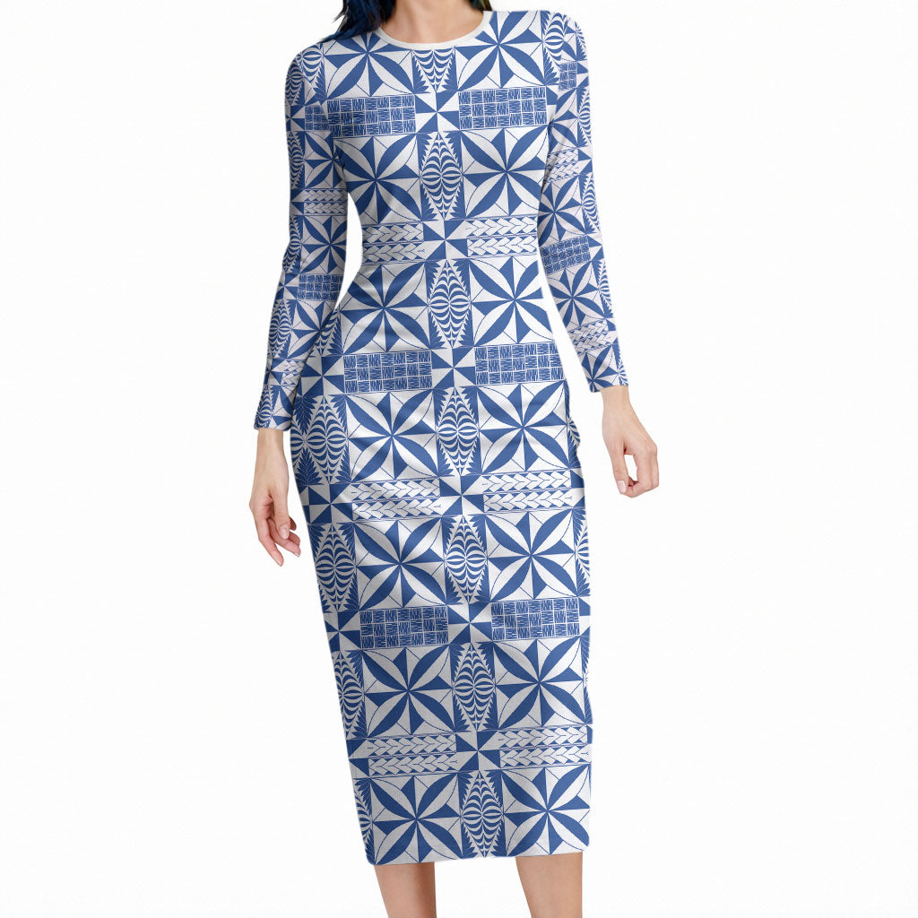 Blue Ngatu Pattern Malo e Lelei Tonga Long Sleeve Bodycon Dress