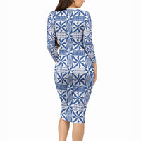Blue Ngatu Pattern Malo e Lelei Tonga Long Sleeve Bodycon Dress