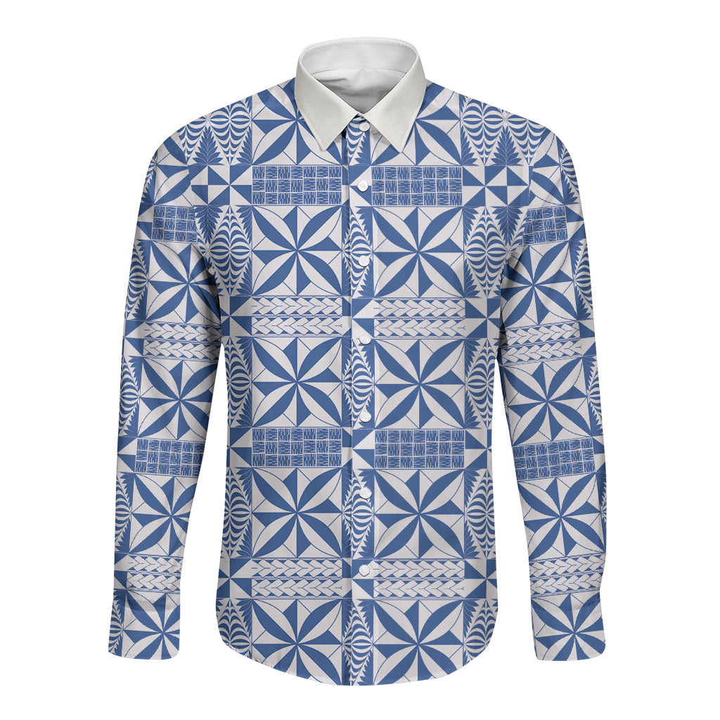 Blue Ngatu Pattern Malo e Lelei Tonga Long Sleeve Button Shirt