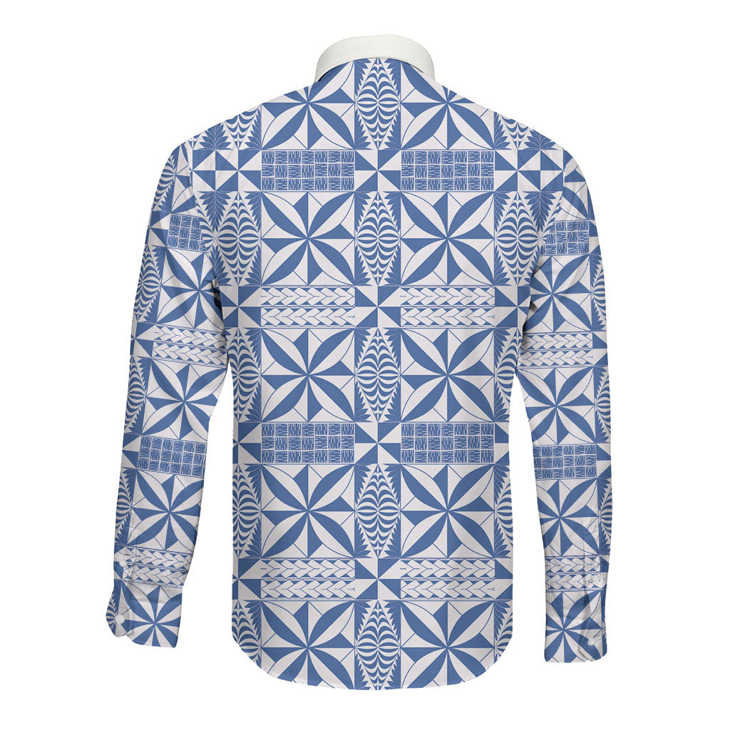 Blue Ngatu Pattern Malo e Lelei Tonga Long Sleeve Button Shirt