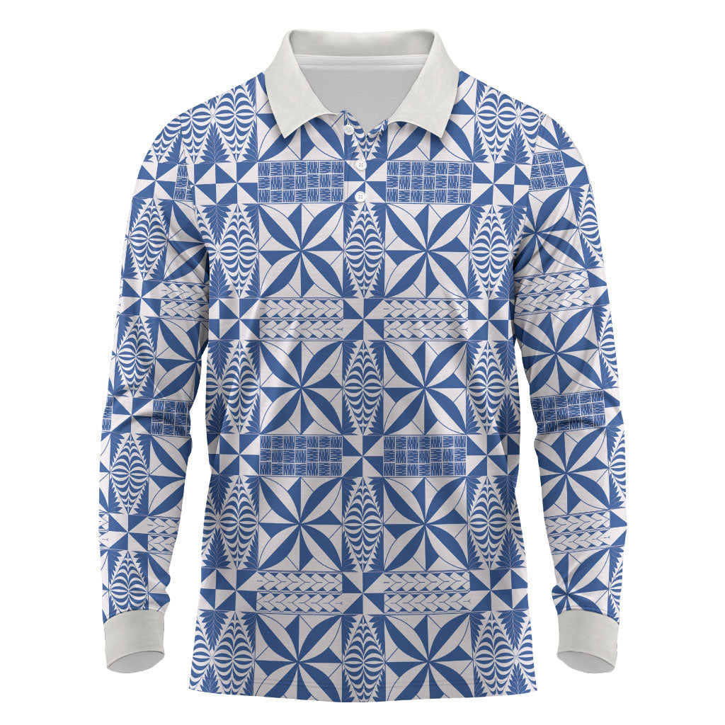 Blue Ngatu Pattern Malo e Lelei Tonga Long Sleeve Polo Shirt