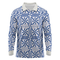 Blue Ngatu Pattern Malo e Lelei Tonga Long Sleeve Polo Shirt