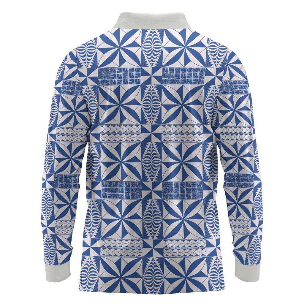 Blue Ngatu Pattern Malo e Lelei Tonga Long Sleeve Polo Shirt