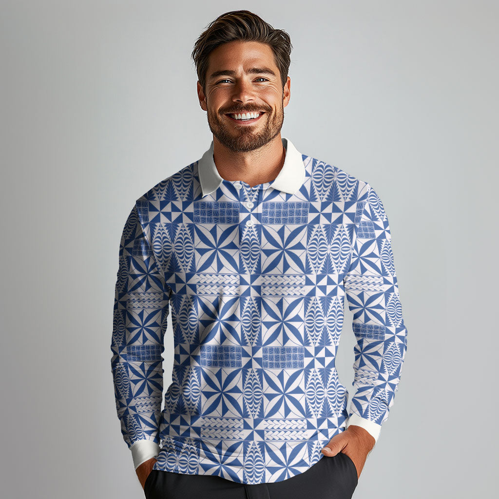 Blue Ngatu Pattern Malo e Lelei Tonga Long Sleeve Polo Shirt