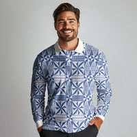 Blue Ngatu Pattern Malo e Lelei Tonga Long Sleeve Polo Shirt