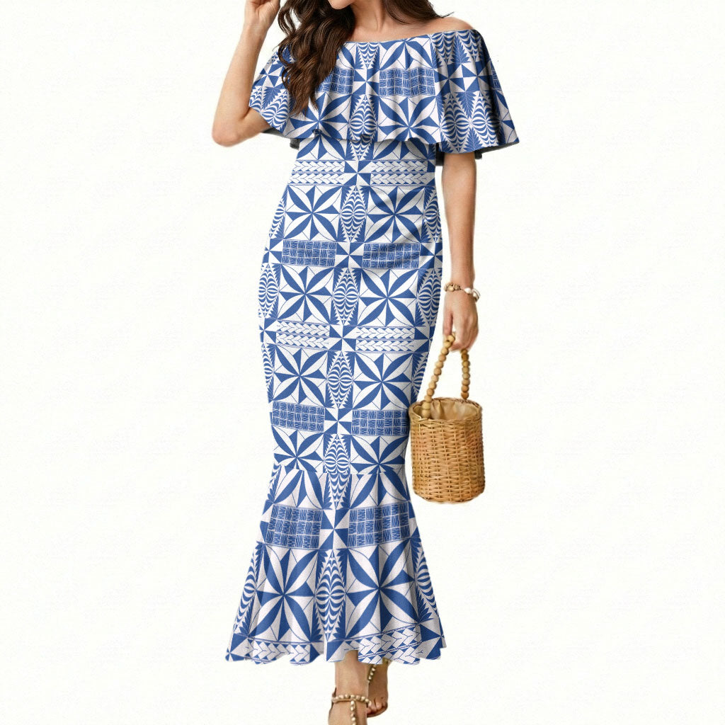 Blue Ngatu Pattern Malo e Lelei Tonga Mermaid Dress
