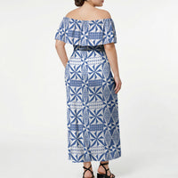 Blue Ngatu Pattern Malo e Lelei Tonga Off Shoulder Maxi Dress