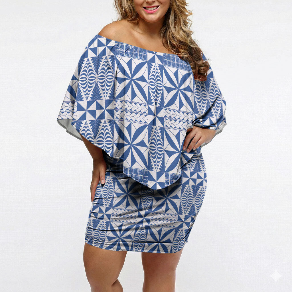 Blue Ngatu Pattern Malo e Lelei Tonga Off Shoulder Short Dress