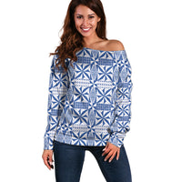 Blue Ngatu Pattern Malo e Lelei Tonga Off Shoulder Sweater
