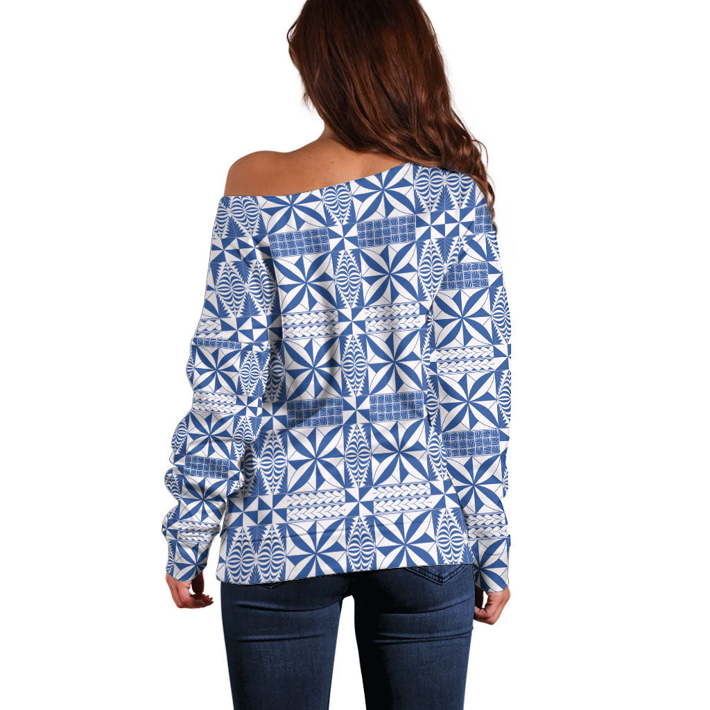 Blue Ngatu Pattern Malo e Lelei Tonga Off Shoulder Sweater