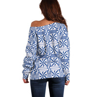 Blue Ngatu Pattern Malo e Lelei Tonga Off Shoulder Sweater